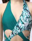Solid and Tropical Printed Halter Neck Monokini Swimsuit