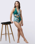 Solid and Tropical Printed Halter Neck Monokini Swimsuit