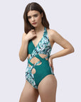 Solid and Tropical Printed Halter Neck Monokini Swimsuit