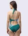 Solid and Tropical Printed Halter Neck Monokini Swimsuit