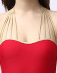 Metallic Stringed Halter Neck Swim Dress With Attached Shorts