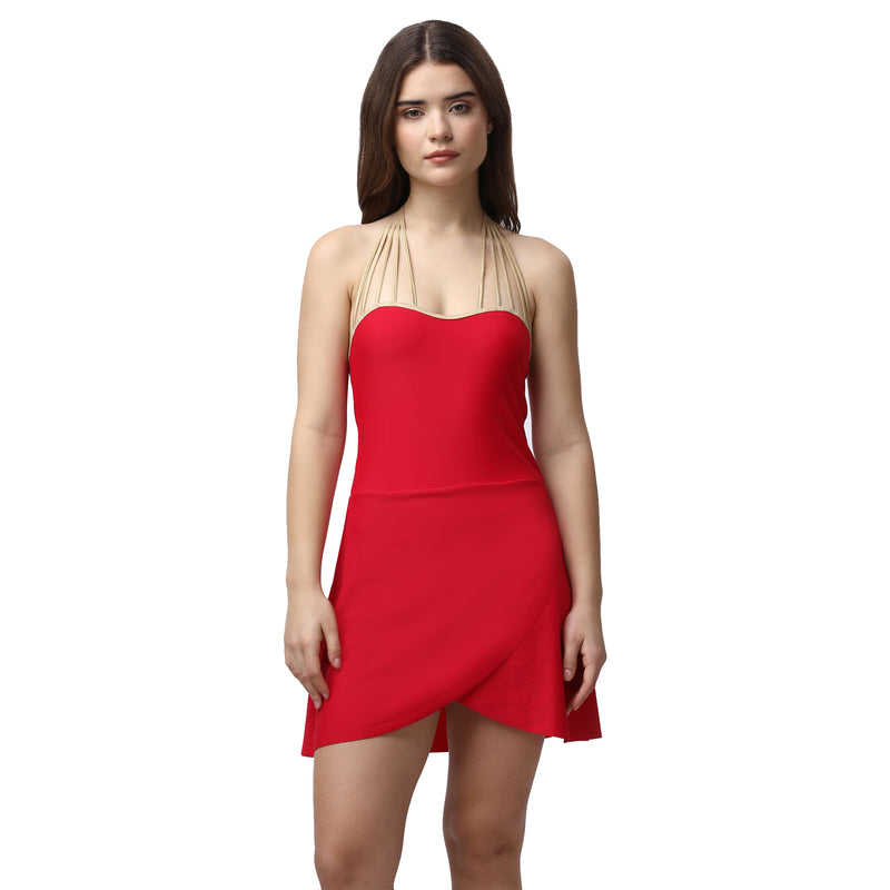 Metallic Stringed Halter Neck Swim Dress With Attached Shorts-AQS-15