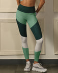 High-Waist Compression Waistband Ankle-Length Leggings with Tri-Color Block