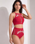 High-Neck Halter Padded Bikini Set with High Waist Brief