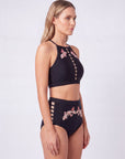 High-Neck Halter Padded Bikini Set with High Waist Brief