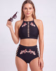 High-Neck Halter Padded Bikini Set with High Waist Brief