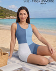 Three-Tone Padded Above-Knee Colour Block Swimsuit