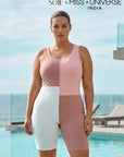 Three-Tone Padded Above-Knee Colour Block Swimsuit