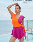 Colour Block V-Neck Skirted Swimsuit with Hot Pants