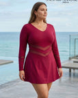 Full Sleeve Mesh Panel Swim Dress with Fixed Hot Pants