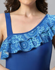 Printed Ruffled Neck One-shoulder Mid Thigh Length Swimsuit