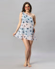 One Shoulder Butterfly Print White Cover Up Dress