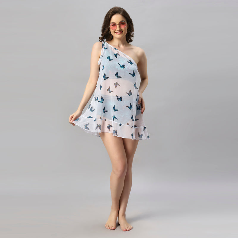 One Shoulder Butterfly Print White Cover Up Dress-AQS-20