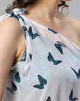One Shoulder Butterfly Print White Cover Up Dress