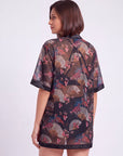 Oriental Print Half-Sleeve Satin Hem Kimono Robe