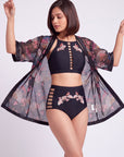 Oriental Print Half-Sleeve Satin Hem Kimono Robe