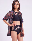 Oriental Print Half-Sleeve Satin Hem Kimono Robe