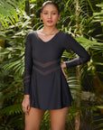 Full Sleeve Mesh Panel Swim Dress with Fixed Hot Pants