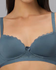 SOIE Woman - Padded Non Wired Medium Coverage Lace Design T-shirt Bra with Mid Rise Full Coverage Lace Brief - -for Women