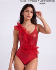 One-Shoulder Diagonal Ruffle Shimmer Monokini