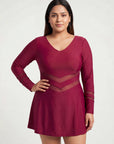 Full Sleeve Mesh Panel Swim Dress with Fixed Hot Pants