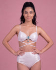 Shimmer Padded Tie-Up Bikini Set with Brooch Detail & High Waist Brief