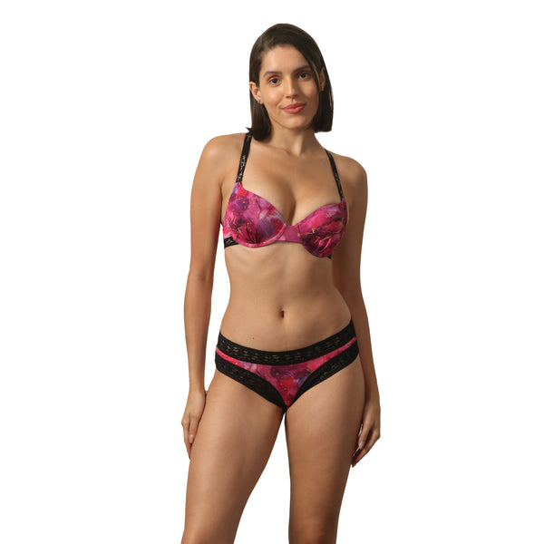 Padded Wired Medium Coverage Printed Bra with Mid Rise Lace Back Printed Cheekini Panty- SET FB-558/ FP-1558
