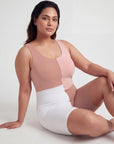 Three-Tone Padded Above-Knee Colour Block Swimsuit