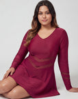 Full Sleeve Mesh Panel Swim Dress with Fixed Hot Pants