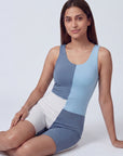 Three-Tone Padded Above-Knee Colour Block Swimsuit