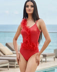 One-Shoulder Diagonal Ruffle Shimmer Monokini