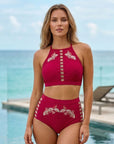 High-Neck Halter Padded Bikini Set with High Waist Brief