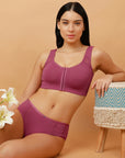 Front Closure Full Coverage Non Padded Non Wired Bra with High Waist Full Coverage Ultra Soft Mesh Panel Brief