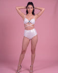 Shimmer Padded Tie-Up Bikini Set with Brooch Detail & High Waist Brief
