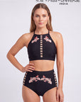 High-Neck Halter Padded Bikini Set with High Waist Brief