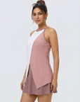 Halter Neck Colour Block Flared Swimdress with Inner Shorts