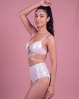 Shimmer Padded Tie-Up Bikini Set with Brooch Detail & High Waist Brief
