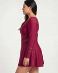 Full Sleeve Mesh Panel Swim Dress with Fixed Hot Pants