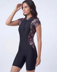 Oriental Print High-Neck Front-Zip Cap Sleeve Swimsuit