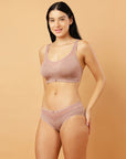 Full Coverage Padded Bra and Mid Rise Brief With Lace Detailing