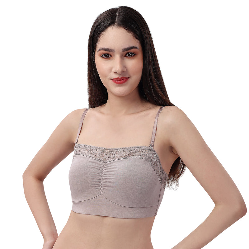 Non-Wired Micro Modal Stretch Lacy Bandeau Bra with Removable Pads and Detachable Straps SC-11