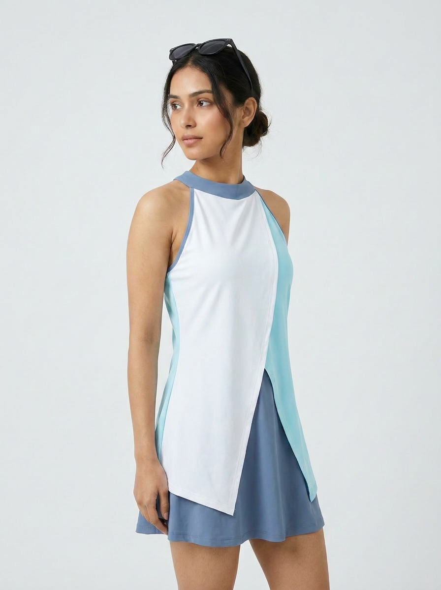 Halter Neck Colour Block Flared Swimdress with Inner Shorts
