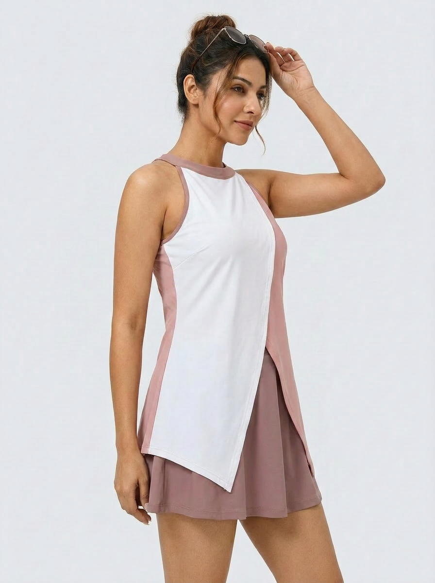 Halter Neck Colour Block Flared Swimdress with Inner Shorts
