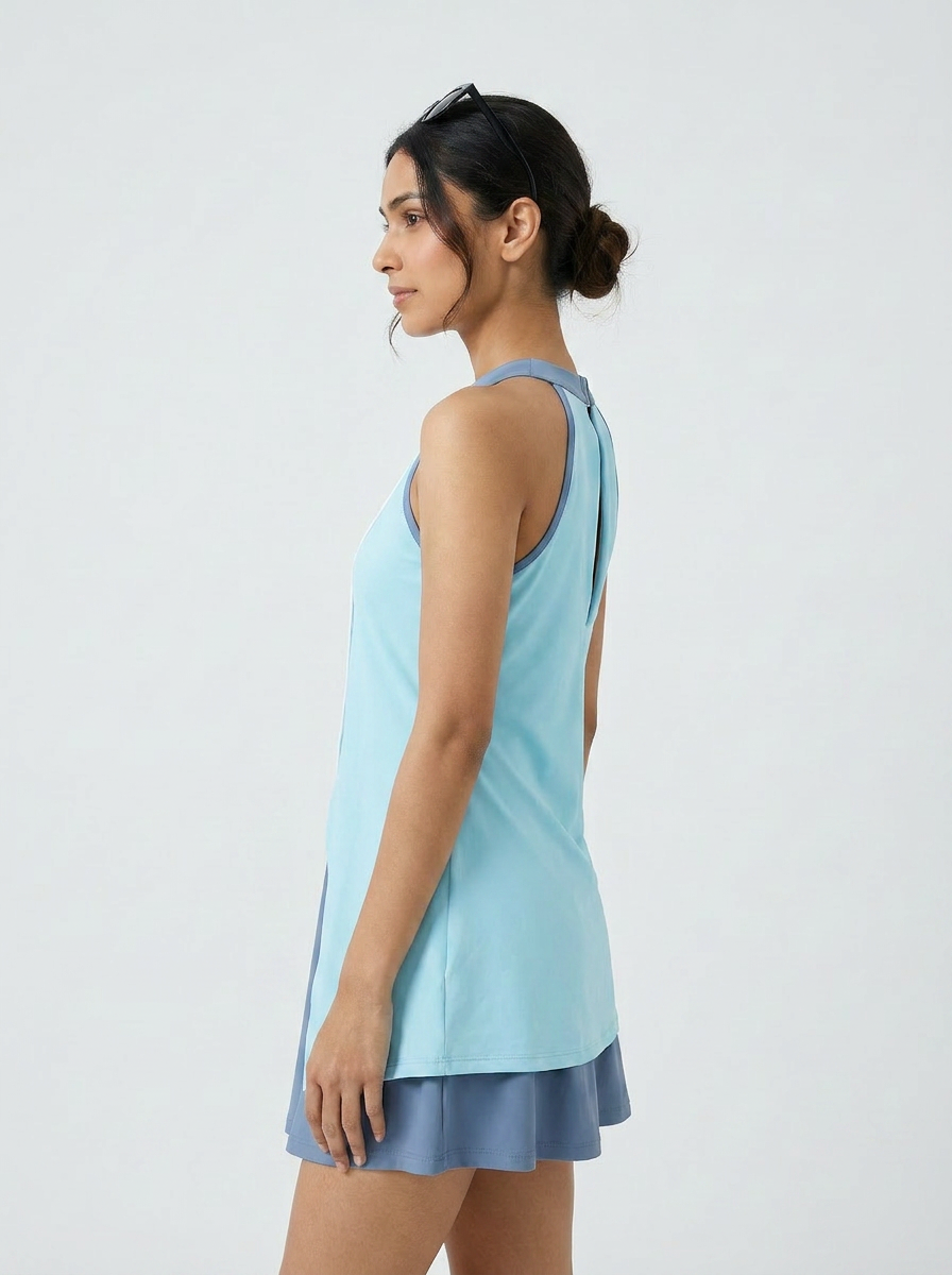 Halter Neck Colour Block Flared Swimdress with Inner Shorts