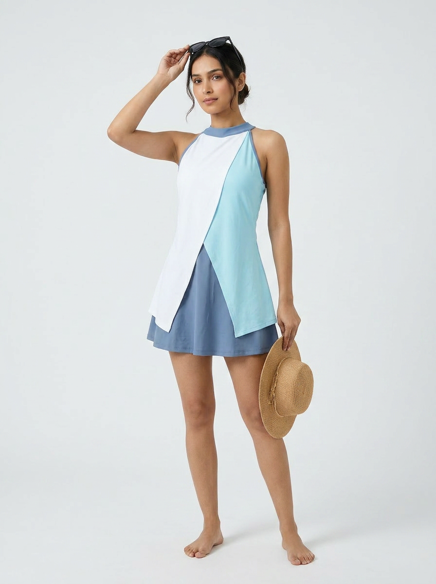Halter Neck Colour Block Flared Swimdress with Inner Shorts