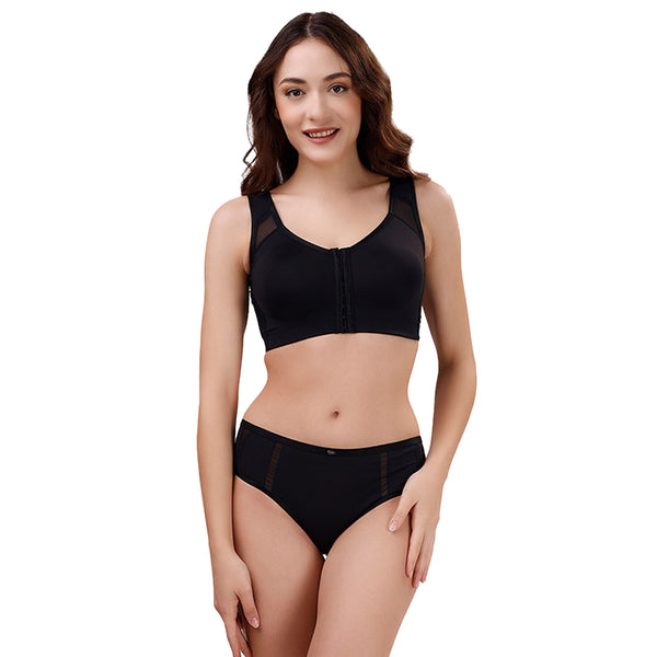 Front Closure Full Coverage Non Padded Non Wired Bra with High Waist Full Coverage Ultra Soft Mesh Panel Brief- Set CB-334/ CP-1328