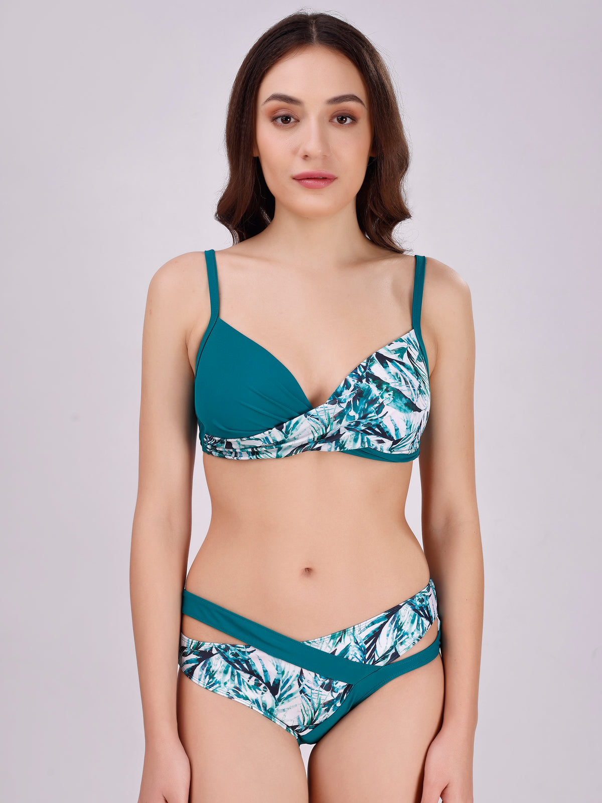 Solid and Tropical Printed Padded Bikini Bra Set