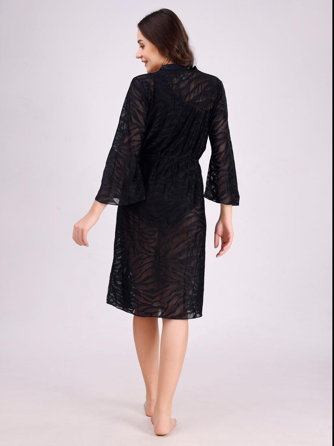 Full Bell Sleeves Zebra Print Lace Robe Cover Up