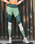 High-Waist Compression Waistband Ankle-Length Leggings with Tri-Color Block