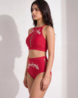 High-Neck Halter Padded Bikini Set with High Waist Brief